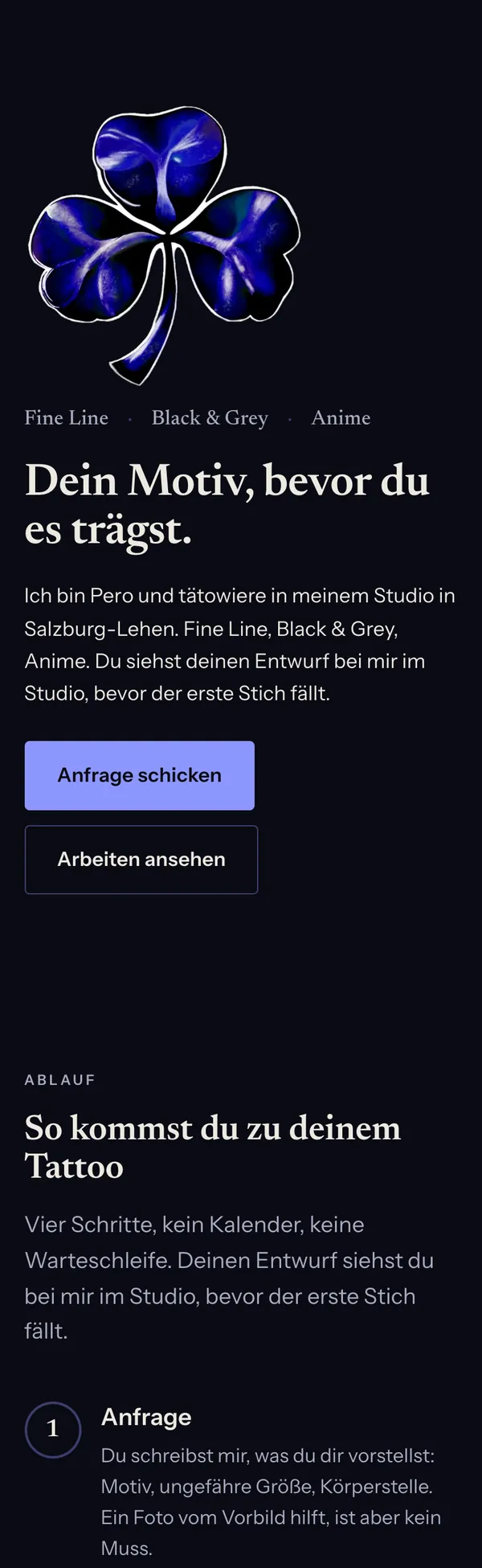 Die Startseite von lakyink.at am Handy: blaues Kleeblatt, darunter Fine Line, Black & Grey, Anime, und die Überschrift Dein Motiv, bevor du es trägst.