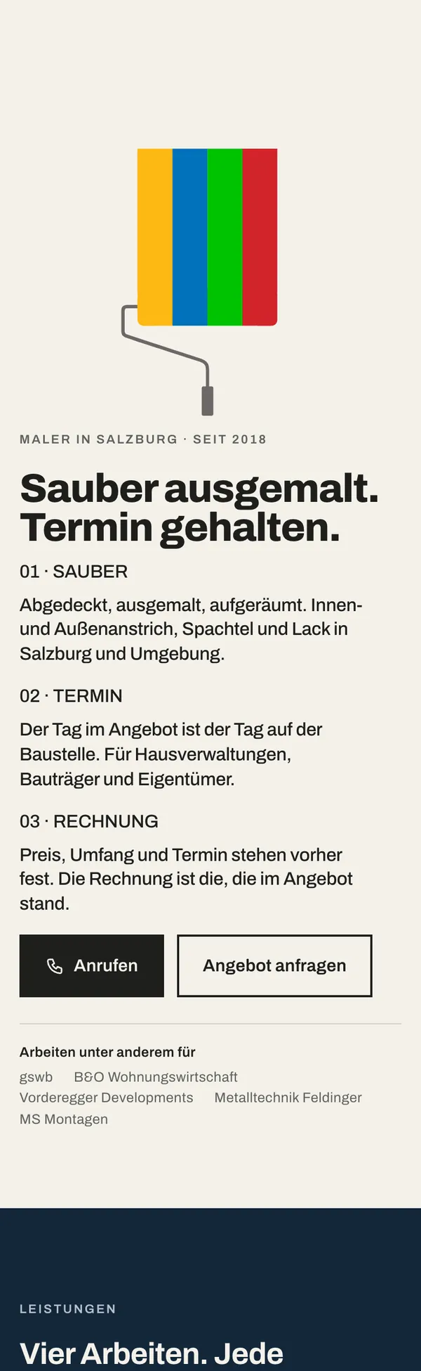 Die Startseite von malerei-leon.at am Handy: Maler in Salzburg, seit 2018. Sauber ausgemalt. Termin gehalten.